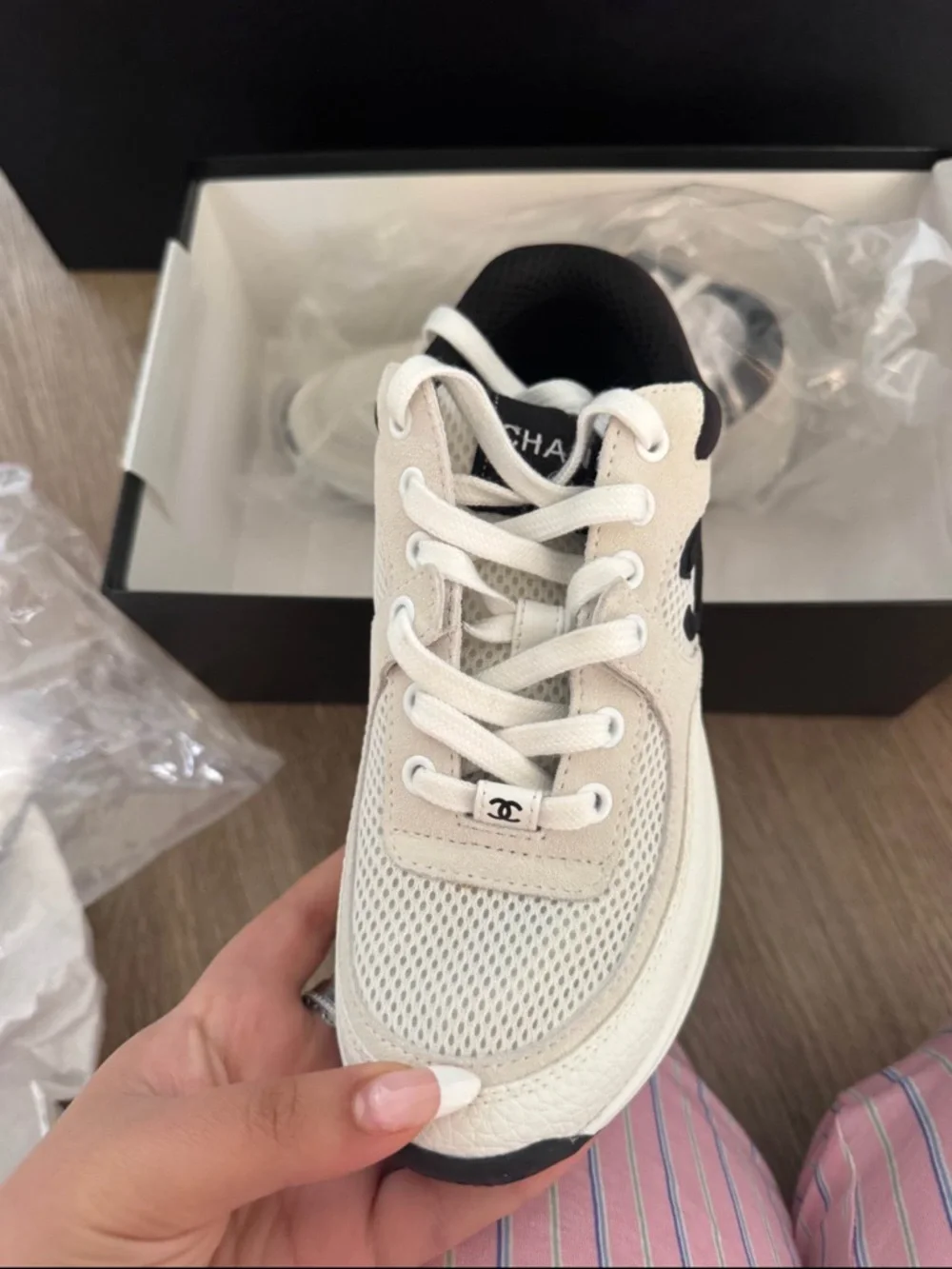 CHANEL Cream and Black Lace-Up Chunky Sneaker - Picture 2 of 8